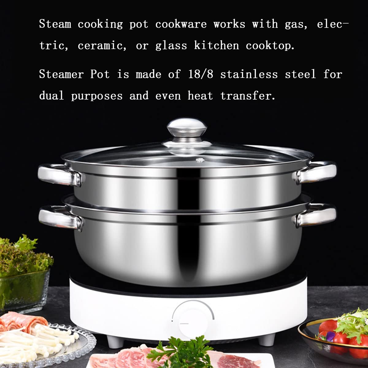 Steamer Pot for Cooking 11 inch Stainless Steel, 2-tier Multipurpose 18/8 Stainless Steel Steam Pot Cookware with Lid for Vegetable, Dumpling, Stock, Sauce, Food LCPUD