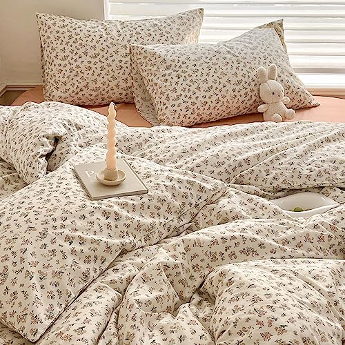 Aesthetic Floral Duvet Cover King Cozy Cotton Bedding Set King Shabby Chic Green Botanical French Style Duvet Cover Set Off White Comforter Cover with Fresh Flower Pattern, Breathable, Lightweight MOTNTD