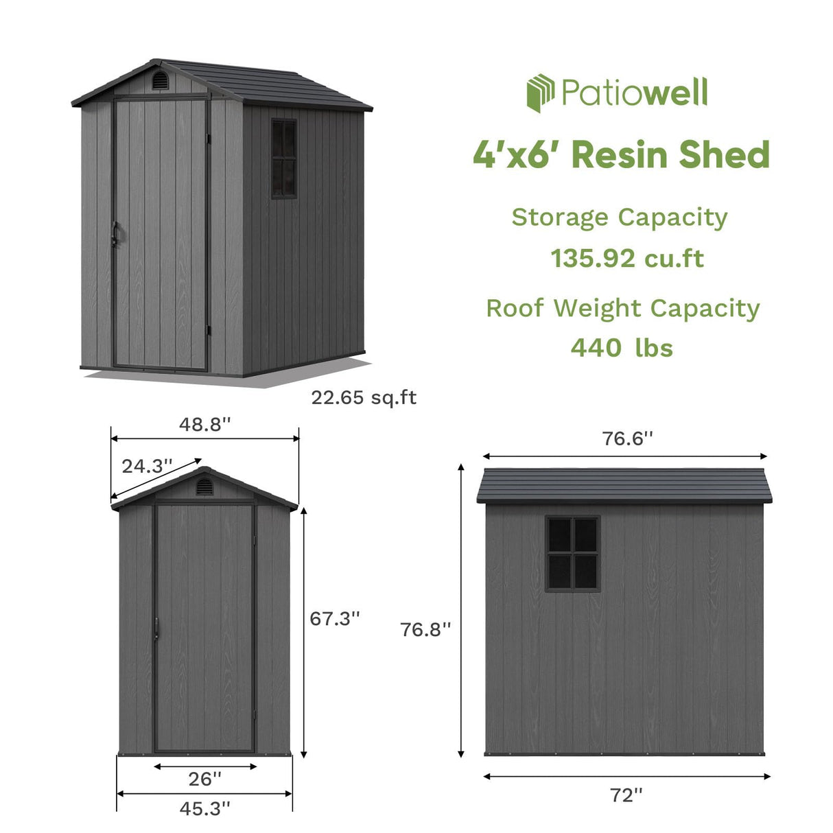 Patiowell 4' x 6' Outdoor Storage Shed with Floor, Plastic Shed Outside Resin Tool Shed with Window and Lockable Door for Backyard Garden Patio Lawn, Dark Grey (Fit-it Shed) Patiowell