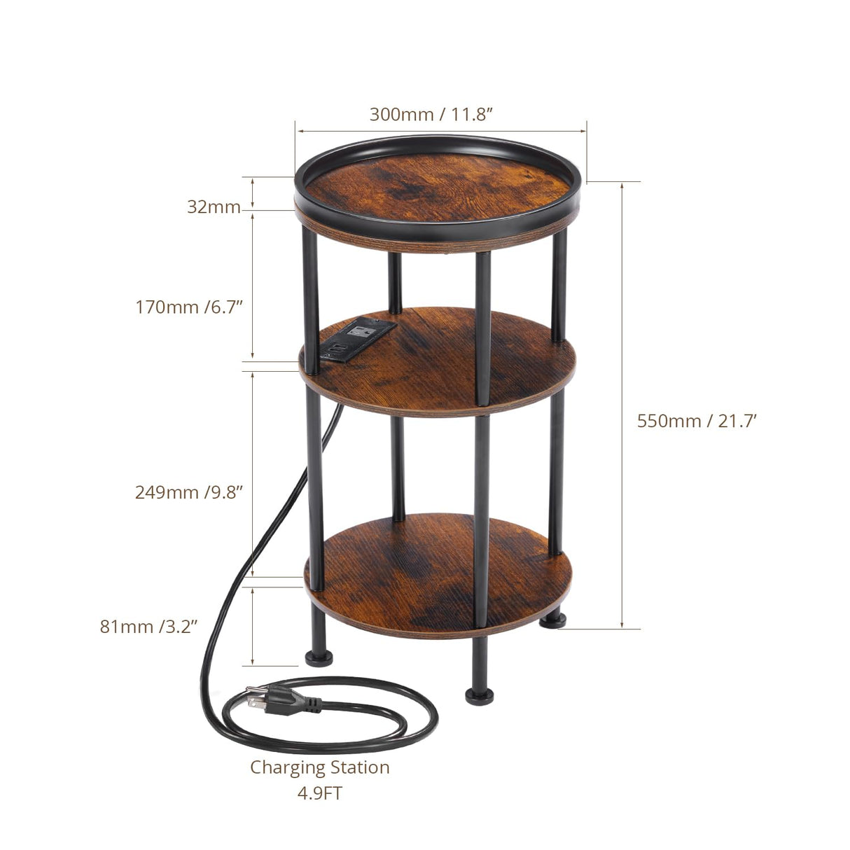 Small Round Side Table with Charging Station for Small Spaces, 3-Tier Round Accent Table with USB Ports & Power Outlets, Round Corner Table Tea Sofa Side Table for Living Room Bedroom (Rustic Brown) ZEXVIDA