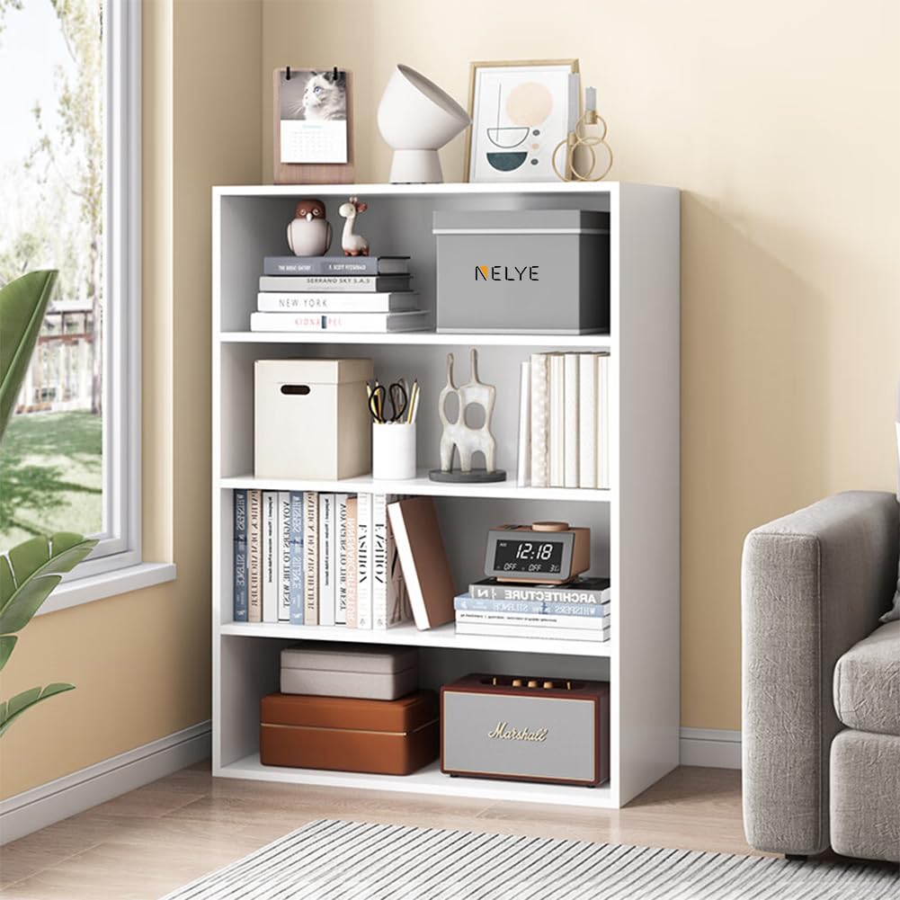 NELYE Basic Open Shelf Bookcase - 4-Tier Wooden Cube Storage Shelves Split Bookshelf, White NELYE