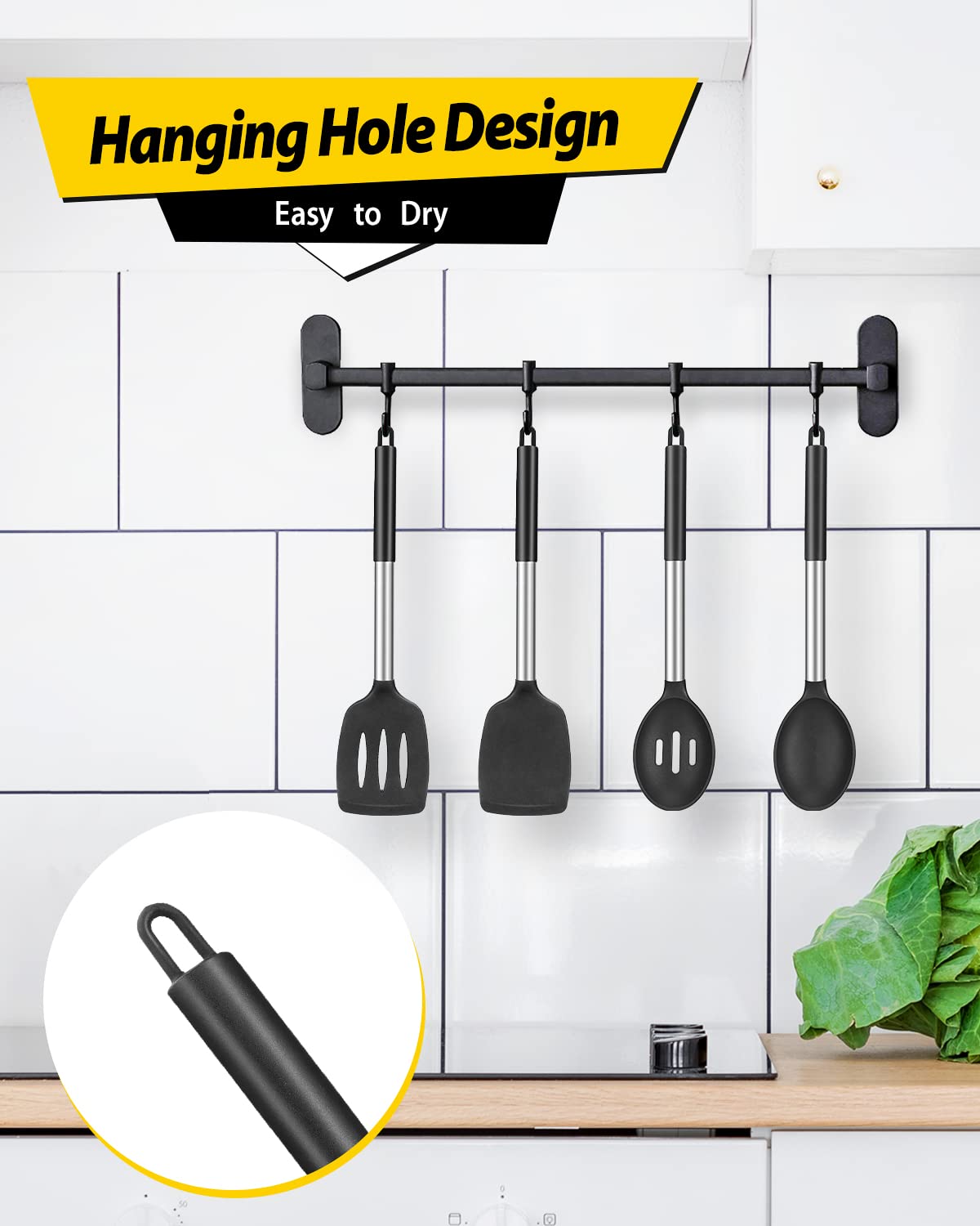 Pack of 4 Silicone Cooking Utensils Set, Non Stick Large Solid Spatulas, Heat Resistant Black Slotted Spoons, Ideal BPA Free Kitchen Turners for Frying, Mixing,Serving,Draining,Turning,Stirring BUNDLEPRO