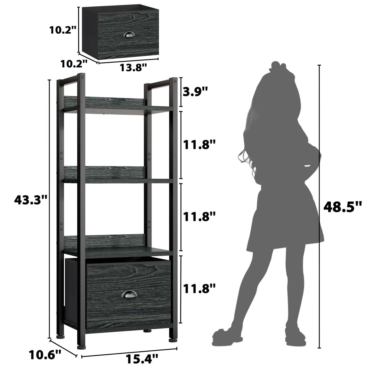 Furologee 4 Tier Bookshelf with Drawer, Small Narrow Bookcase, Wood and Metal Standing Shelf Unit, Industrial Display Storage Shelves Organizer for Bedroom, Living Room, Entryway, Black Furologee
