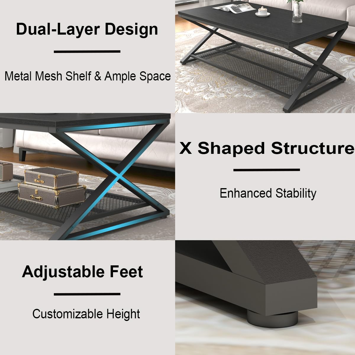 LVB Black Coffee Table, Wood Metal 2 Tier Center Tables with Storage Shelf, Modern Rectangular Concrete Tea Table for Living Room, Wooden Middle Cocktail Table for Office Bedroom, 47 inch, Black Oak LVB