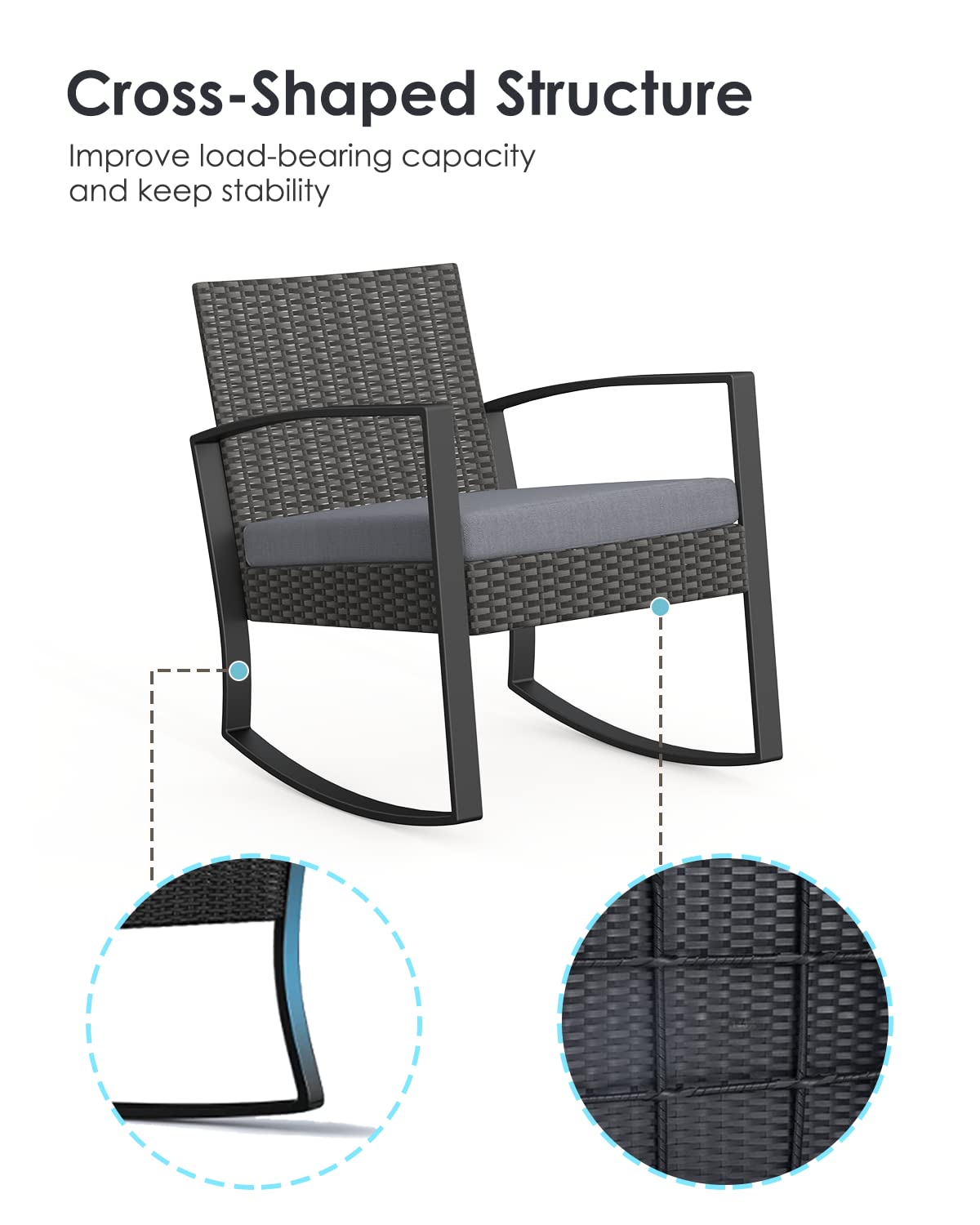 Noelse 3 Piece Wicker Patio Furniture Set, Outdoor Rocking Chairs, Outdoor Furniture with Table & Cushions, Patio Chairs Balcony Porch Furniture, Gray Noelse