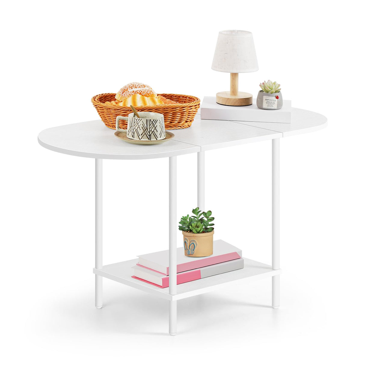 OYEAL White Coffee Table for Living Room, Small Oval Coffee Table with Storage and Wood Tabletop, Mid Century Round Center Table for Small Space, Home Office OYEAL