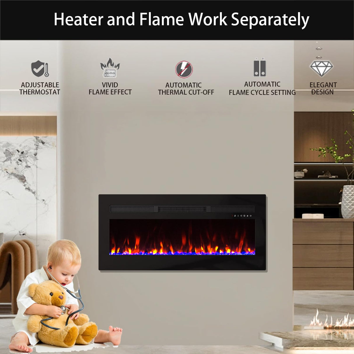 Panana Electric Fireplace Heater Wall Mounted, 60 inch Wide Recessed Electric Fireplace, 1400W, 8H Timer, 20 Color Flame, Remote Control, Log Set & Crystal Panana