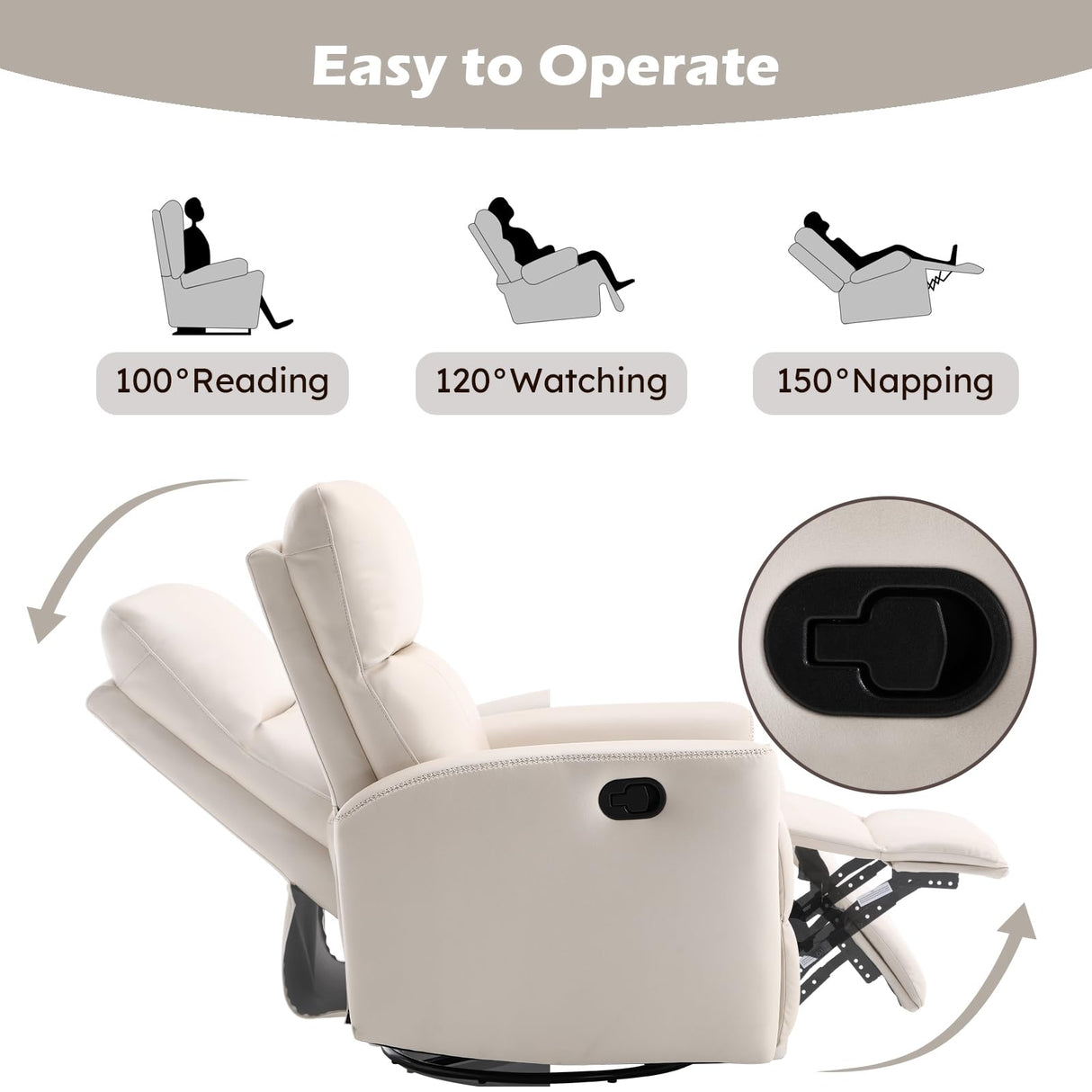 ANJ Manual Swivel Rocker Recliner, Glider Recliners with Padded Armrest and Backrest, Soft Leather Nursery Rocking Recliner Chair Reclining Sofa for Living Room ANJ