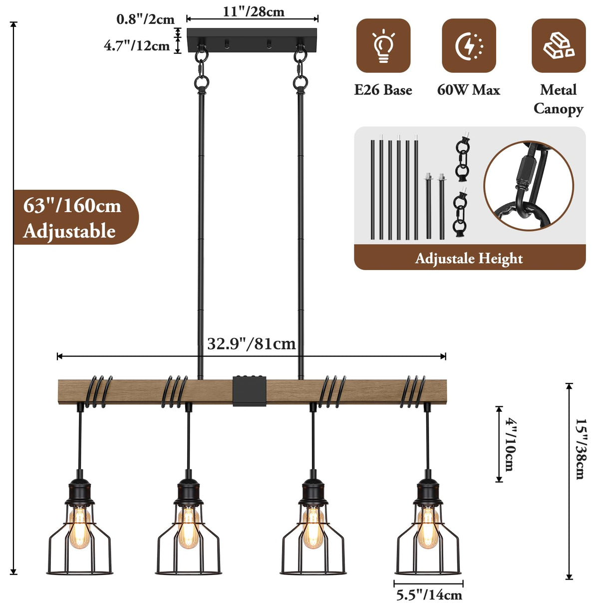 4-Light Kitchen Island Lighting, 63" Adjustable Height Pendant Light Fixtures Black Metal & Rustic Wood Modern Dining Room Chandelier Over Table with E26 Base for Farmhouse Bar SIAFAVOI