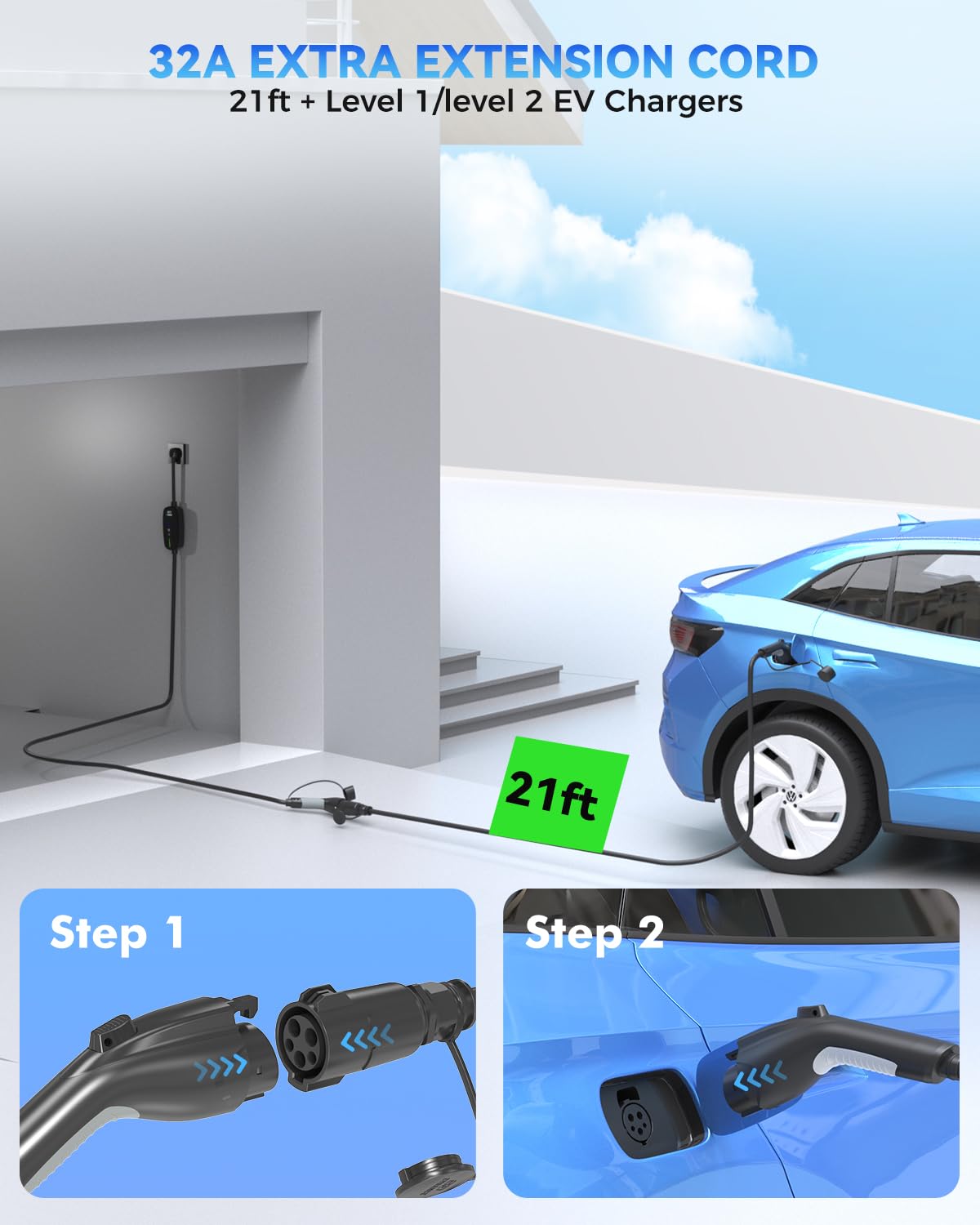 EV Charger Extension Cable, 21ft 32Amp J1772 Extension Cable Compatible with 110V-240V SAE J1772 EV Chargers, Suitable for J1772 EVs/PHEVs, Level 1/ Level 2 IP66 Car Charger Extension Cord with Bag SEGUMA