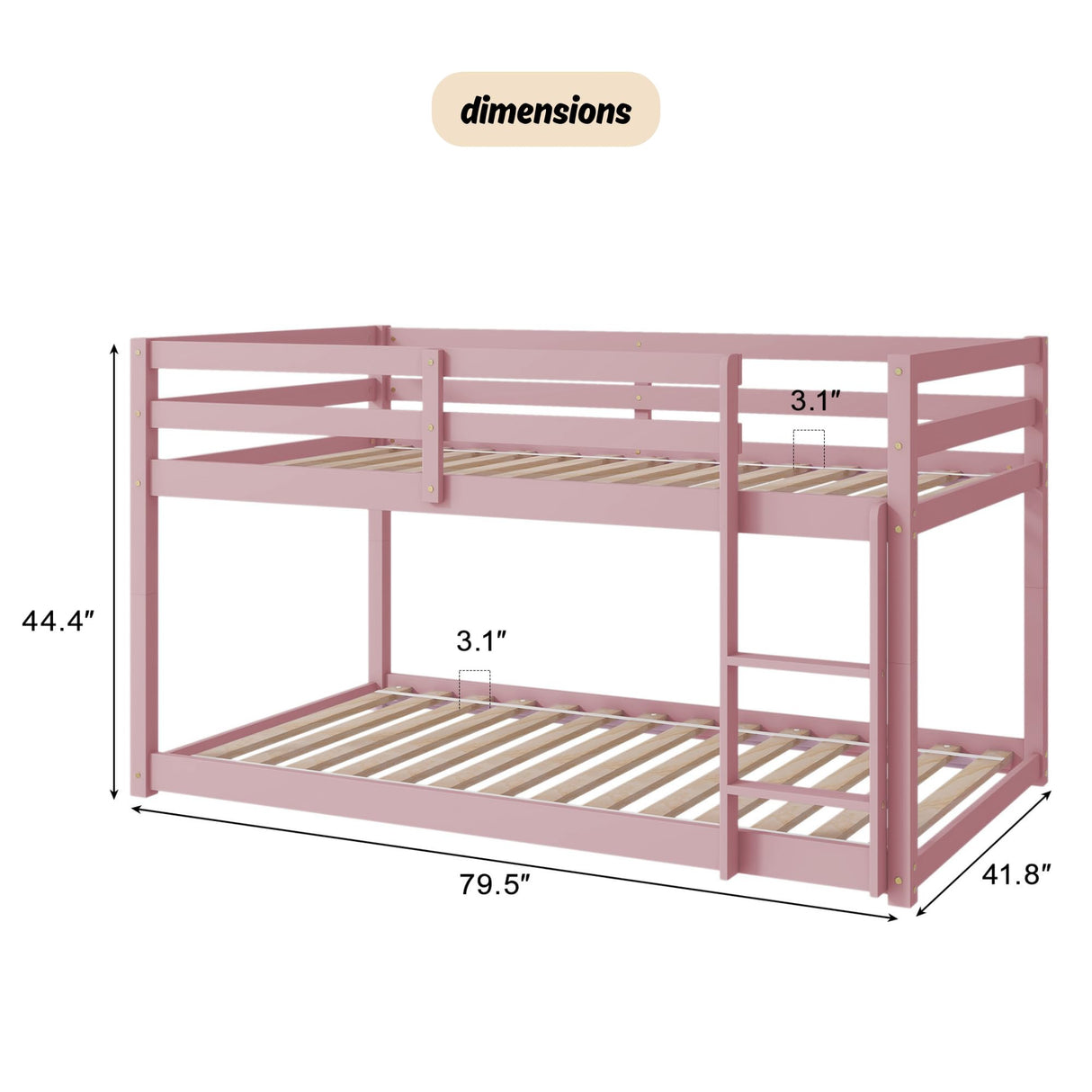 Harper & Bright Designs Low Bunk Beds Twin Over Twin Wood Twin Bunk Bed Frame with Safety Rail Ladder for Kids Bedroom Twin Floor Bunk Bed for Boys Girls Teens, Pink Harper & Bright Designs