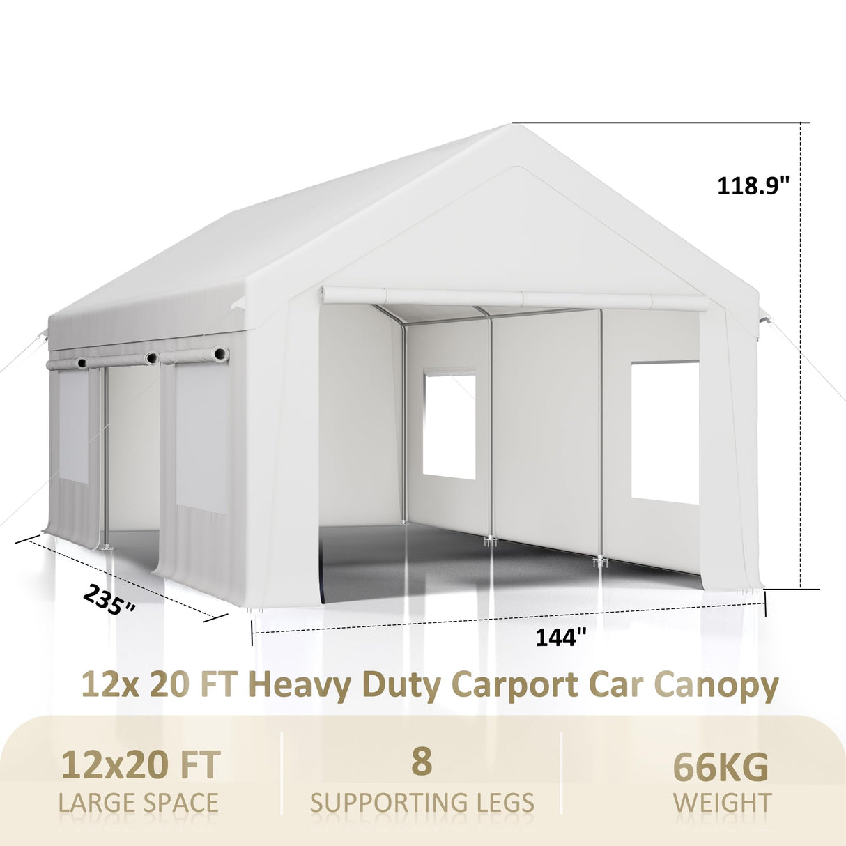 AirWire Carport 12' x 20' Heavy Duty Portable Garage, Carport Canopy with Side-Opening Door & Roll-Up Windows, Car Canopy Reinforced Four-Hole Base for Car, Truck, Boat, Party, White AirWire