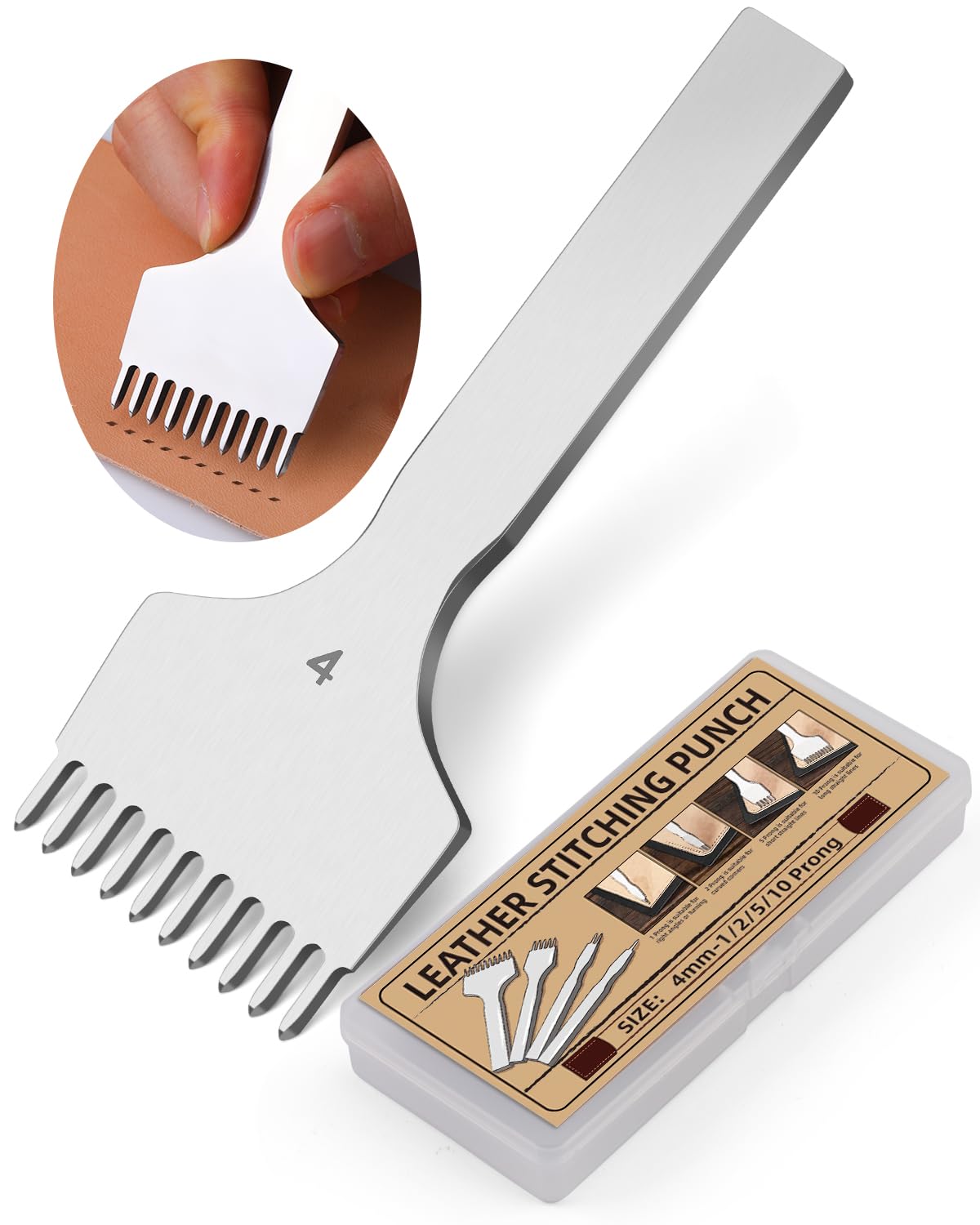 FOUSNOW Leather Stitching Punch, 10 Prong Leather Fork Prong Punch, 4mm Lacing Stitching Chisel Tools, DIY Working Tools for Punching FOUSNOW