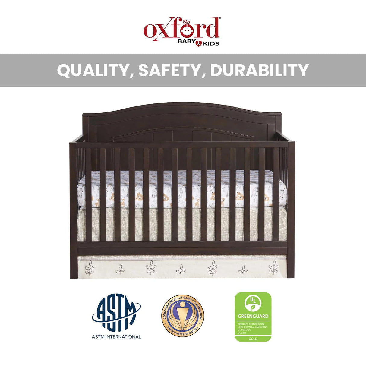 Oxford Baby Nolan 4-in-1 Convertible Baby Crib, Espresso Brown, GreenGuard Gold Certified Oxford Baby