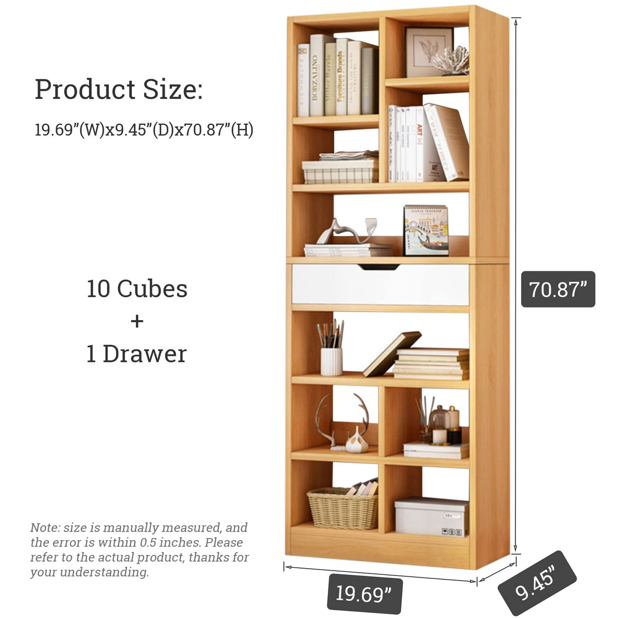IOTXY 71-Inch Tall Scandinavian Open Shelf Bookcase with 10 Cubes and Drawer in Maple Yellow IOTXY