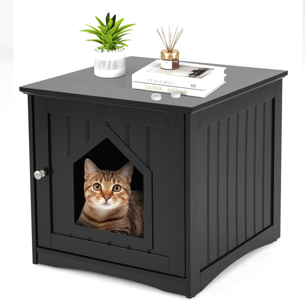 Tangkula Litter Box Enclosure, Cat Litter Box Furniture Hidden, Nightstand Pet House with Magnetic Door, Indoor Cat Washroom for Kitty (Black) Tangkula