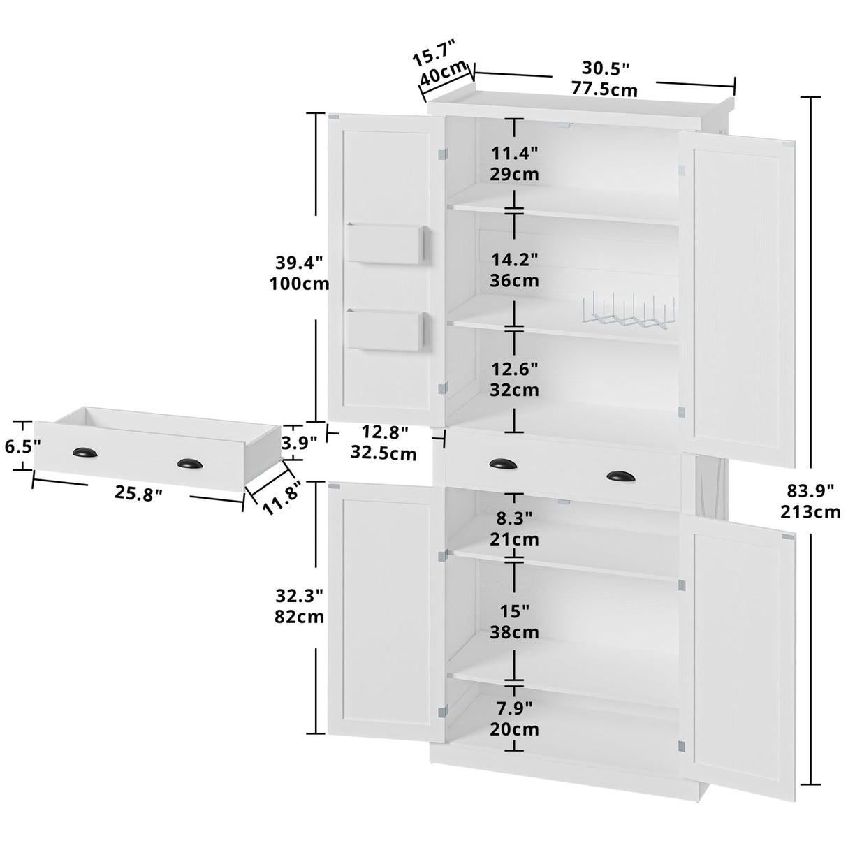 IRONCK Kitchen Pantry Storage Cabinet 83.9" H, with Barn Doors, Drawer, 4 Adjustable Shelves, Freestanding Cupboard for Dining Room Living Room, Laundry, White IRONCK