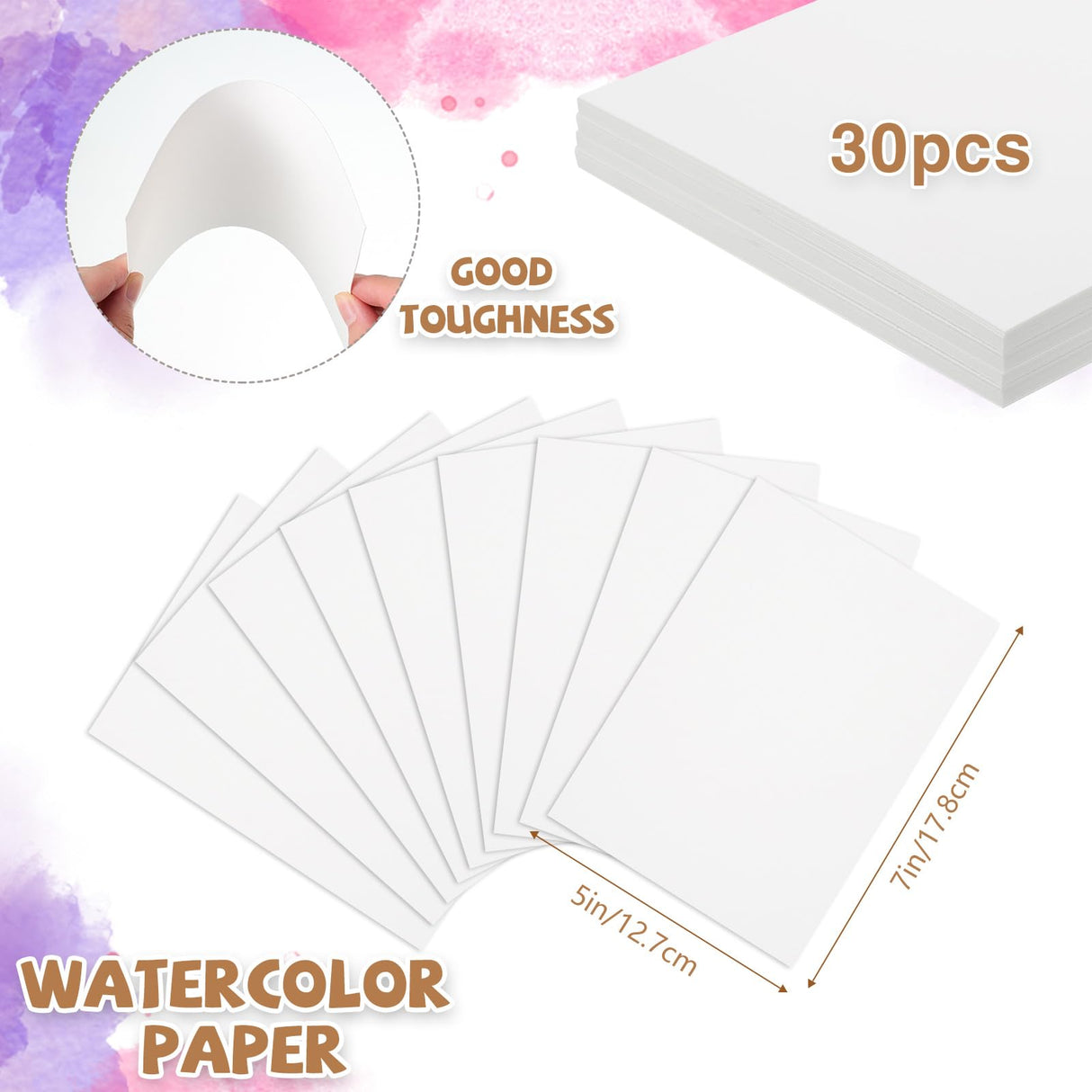 30 Sheets Watercolor Paper 5x7 Inch, 140 lb/300 GSM Cold Press Watercolor Paper Bulk, White Water Color Paper Cotton Paper for Kids Students Adults Beginners Artists Prudiut