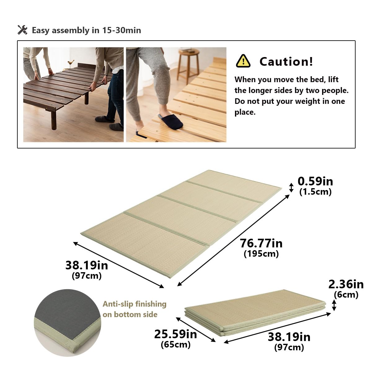 EMOOR Earth-Natural Wood Slatted & Tatami Twin Bed Frame with Adjustable Heights for Japanese Futon Mattress EMOOR