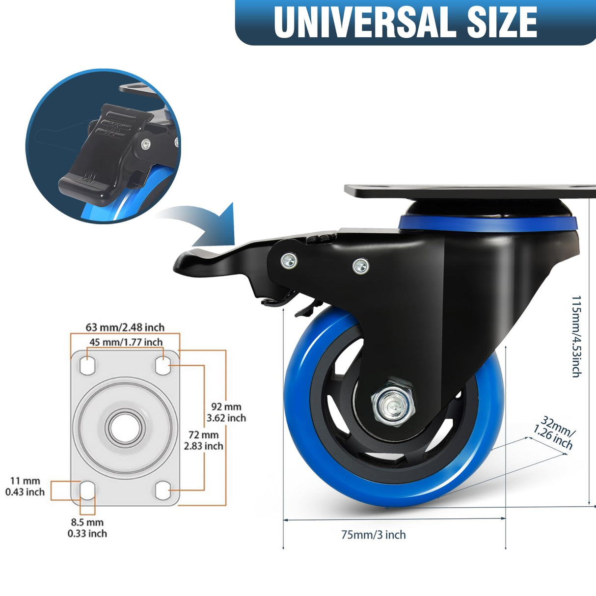 3 Inch Caster Wheels, Casters Set of 4 Heavy Duty with Brake, Safety Dual Locking Casters, No Noise Wheels with Polyurethane Foam, Load 1000LBS (Two Hardware Kits Included) ENYKE