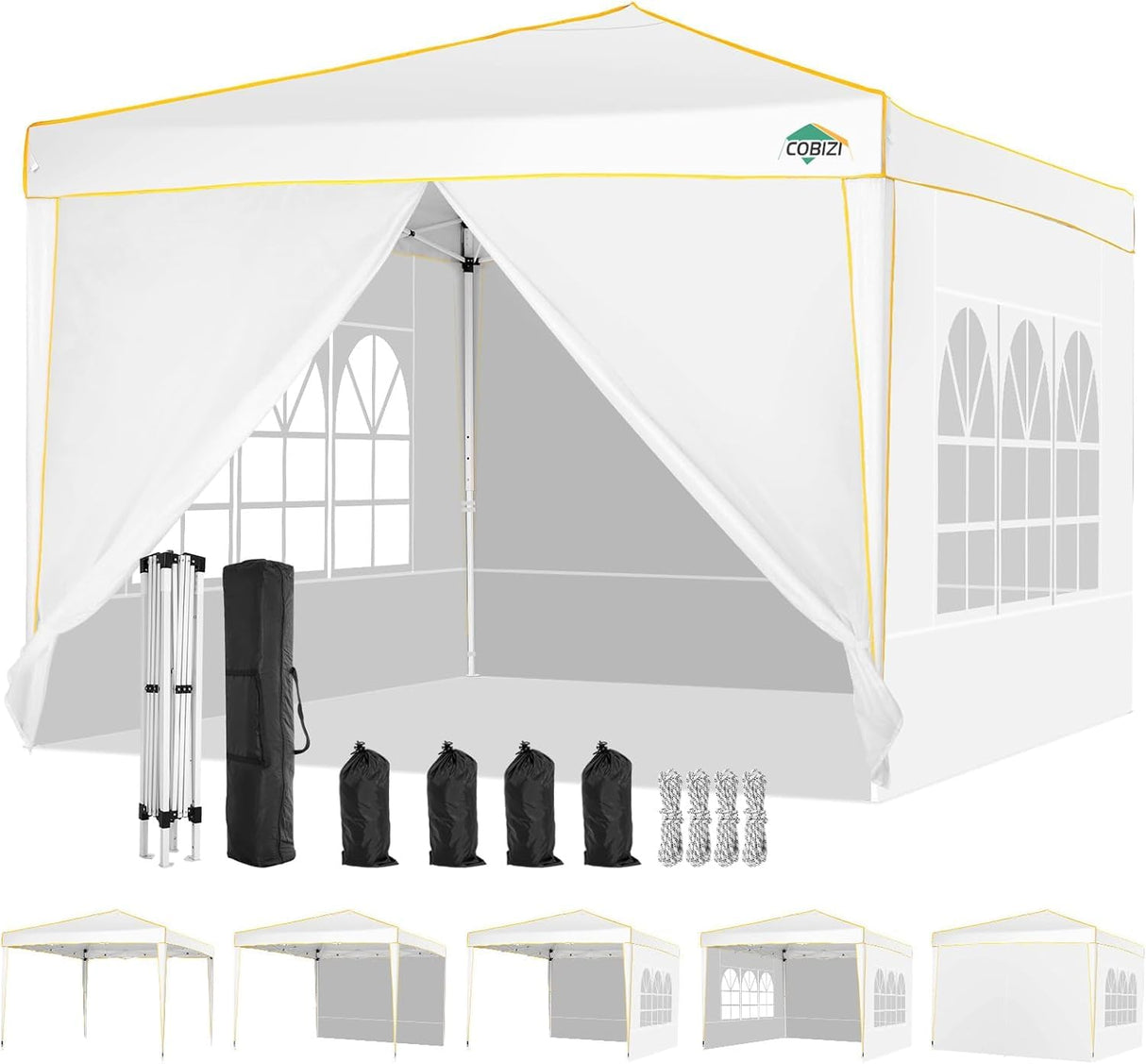 COBIZI 10x10 Pop up Canopy, Canopy Tent 10x10 Gazebos, Ez up Canopy 10x10 for Parties Outdoor Camping Party Event Shelter Sun Shade with 4 Sidewalls & Carry Bag 4 Stakes & Ropes & Sandbags, White COBIZI