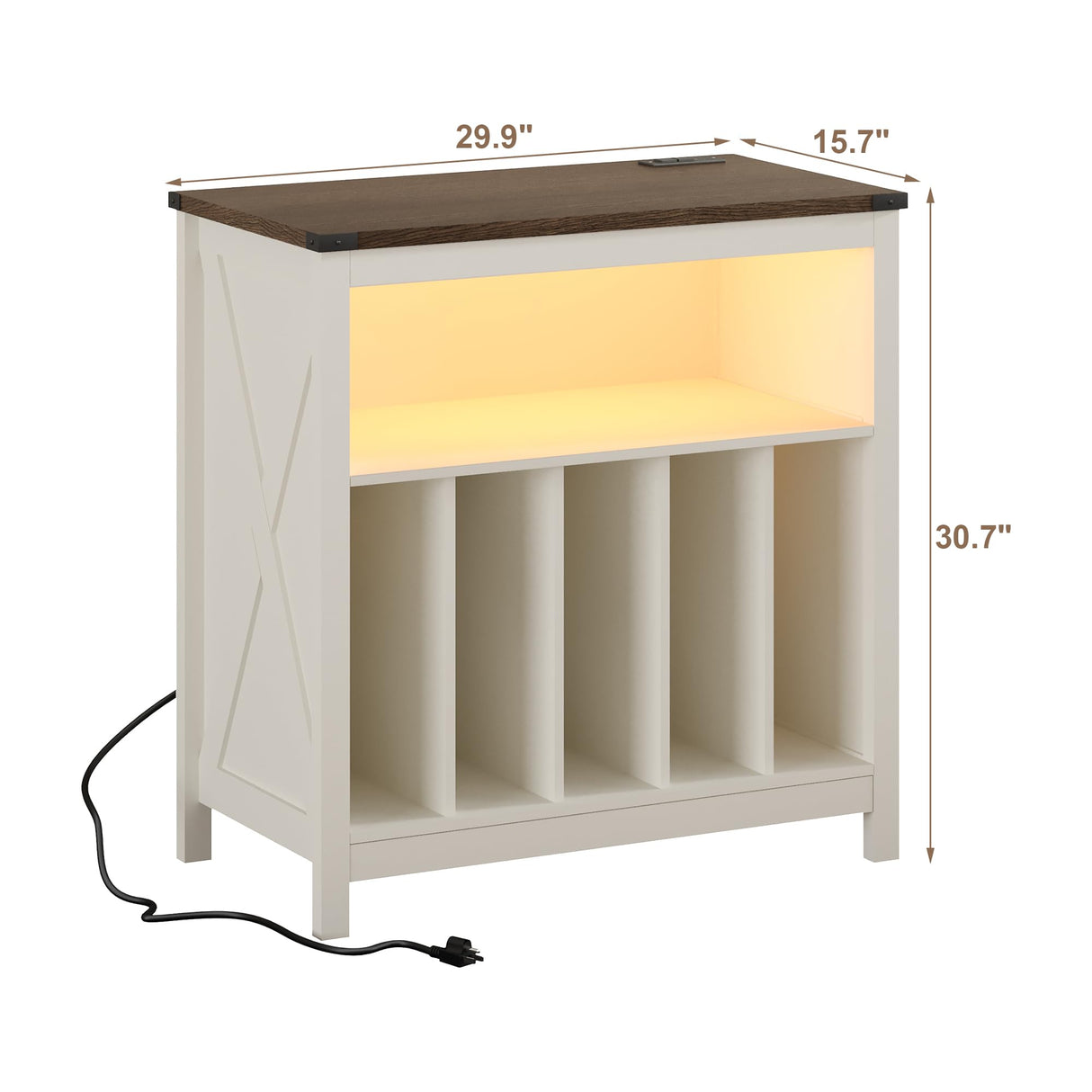 ChooChoo Large Record Player Stand with Charging Station & LED Light, Vinyl Record Holder hold up to 300 Albums, Farmhouse End Table for Bedroom, Living Room, Soft White ChooChoo