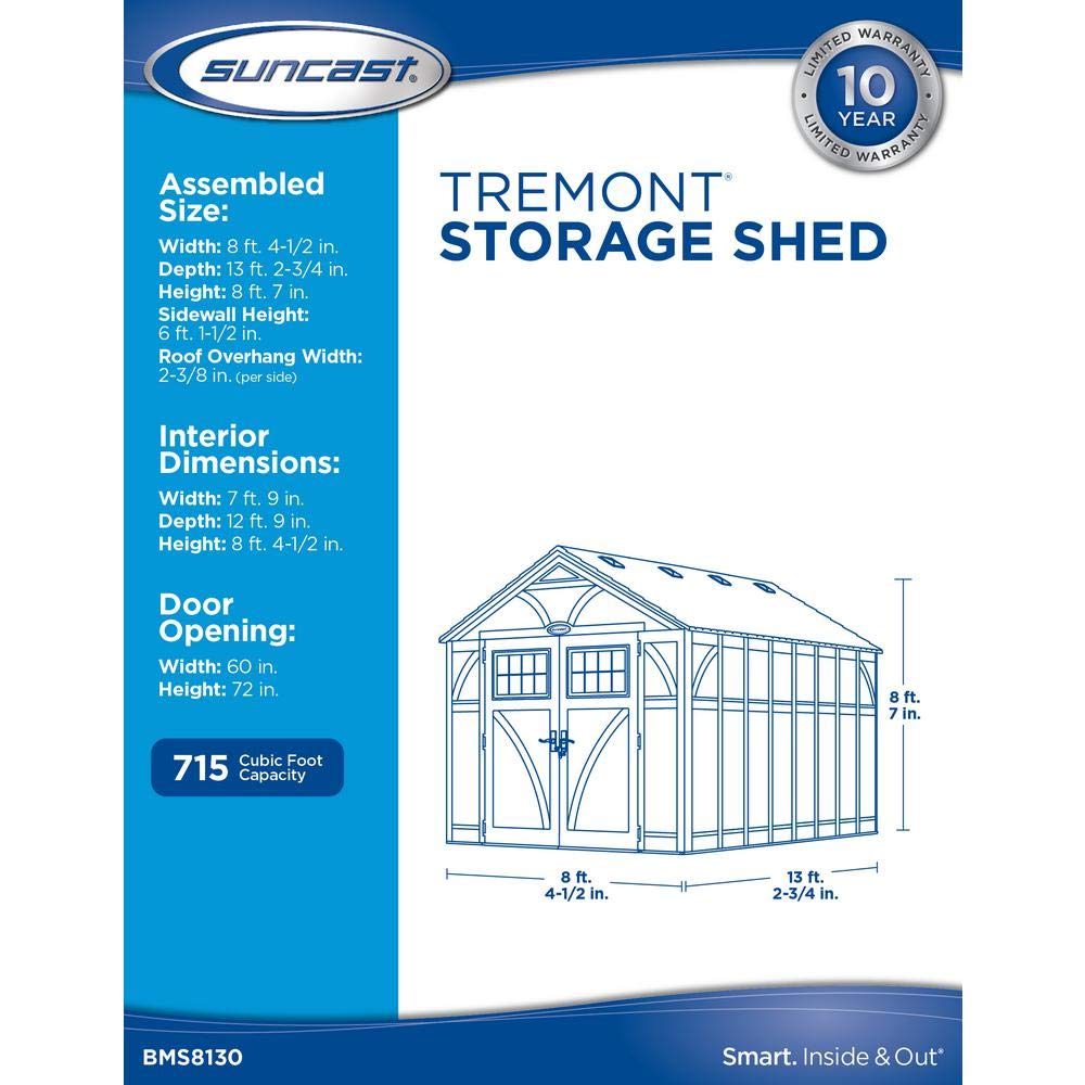 Suncast 8x13 Ft Resin Plastic Shed - Large Outdoor Shed with Floor Included, Lockable Double Doors & Skylights. 715 Cu Ft Tremont Outdoor Storage Sheds for Lawn Tools, Bikes, Riding Mowers, & Tractors Suncast