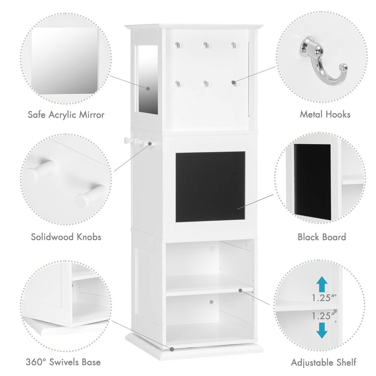 UTEX Kids Rotating Bookshelf Tower, 360 Display Revolving Bookcase with Blackboards and Hooks, 5 Tier Small Spinning Bookshelf for Kids Room, Nursery, Bedroom, Living Room, White UTEX