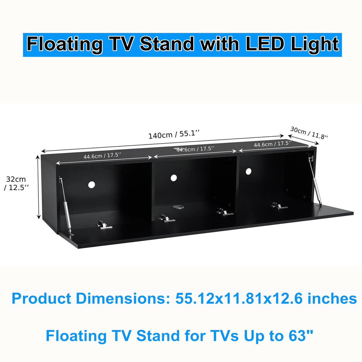 HOMMPA Floating TV Stand with LED Lights for TVs up to 65 Inch, Wall Mounted Entertainment Center with Storage, Modern High Glossy Media Console for Living Room, Bedroom, Black HOMMPA