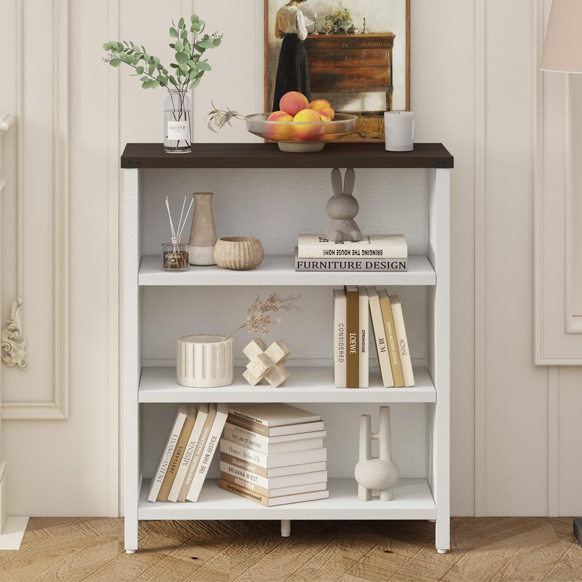 BON AUGURE Bookshelf, 3 Shelf Bookcase, Farmhouse Wooden Book Cases/Shelves, Floor Small Storage Book Shelves for Home Office, Living Room, Bedroom (White Oak and Walnut Brown) BON AUGURE