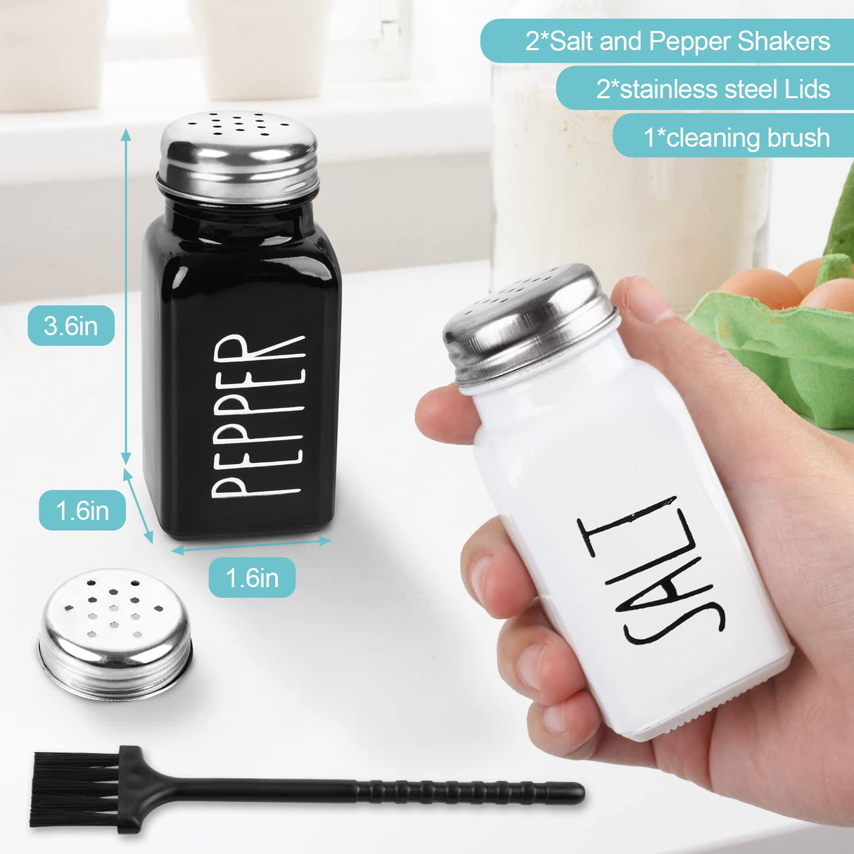 2 Pack Salt and Pepper Shakers Set, Glass Shaker with Stainless Steel Lid, Modern and Cute Farmhouse (Black and White) PECULA