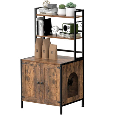Tohomeor Litter Box Enclosure with Shelves and Doors Vintage Wooden Hidden Cat Litter Box Furniture Industrial Indoor Cat House Washroom Pet Crate Storage Cabinet (Rustic Brown)