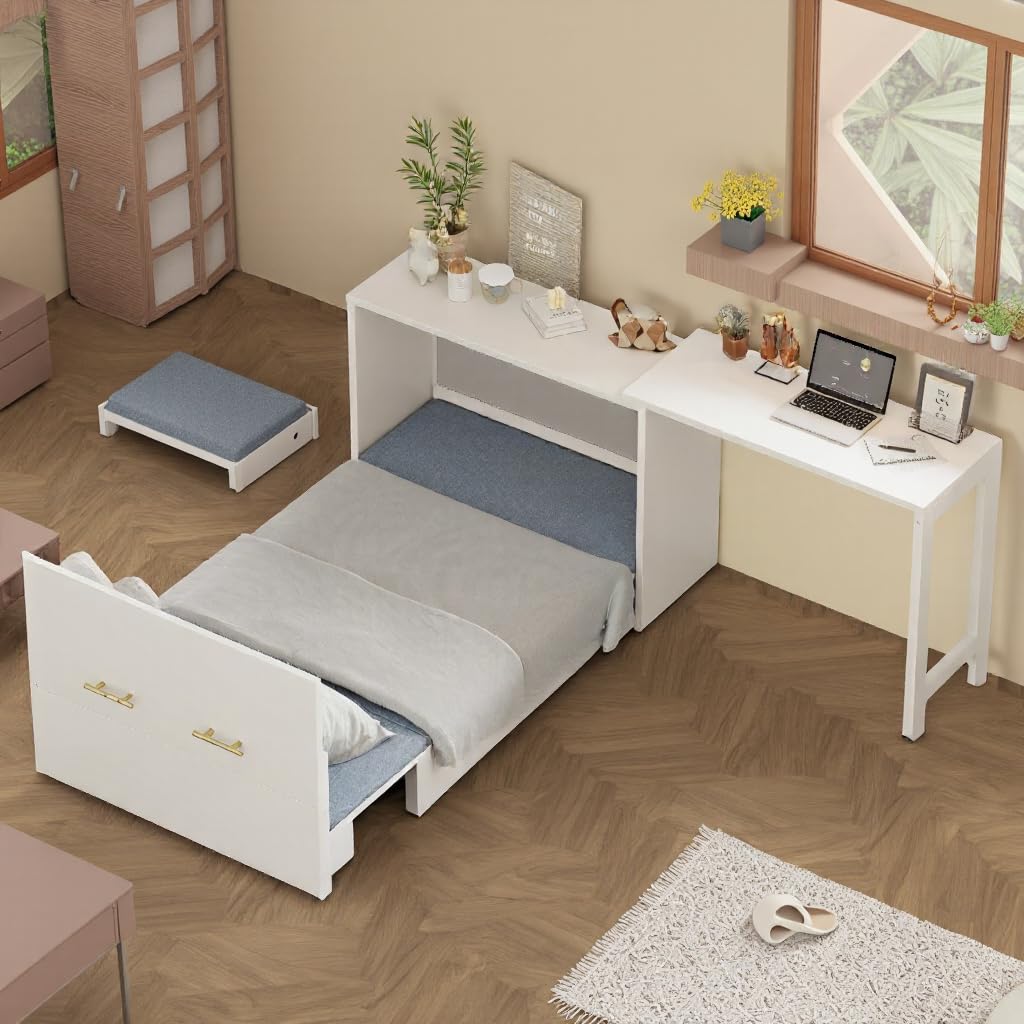 LUMISOL Twin Size Murphy Cabinet Bed with Desk, Wood Murphy Bed with Foldable Cushion for Guest Room, Small Space, White LUMISOL