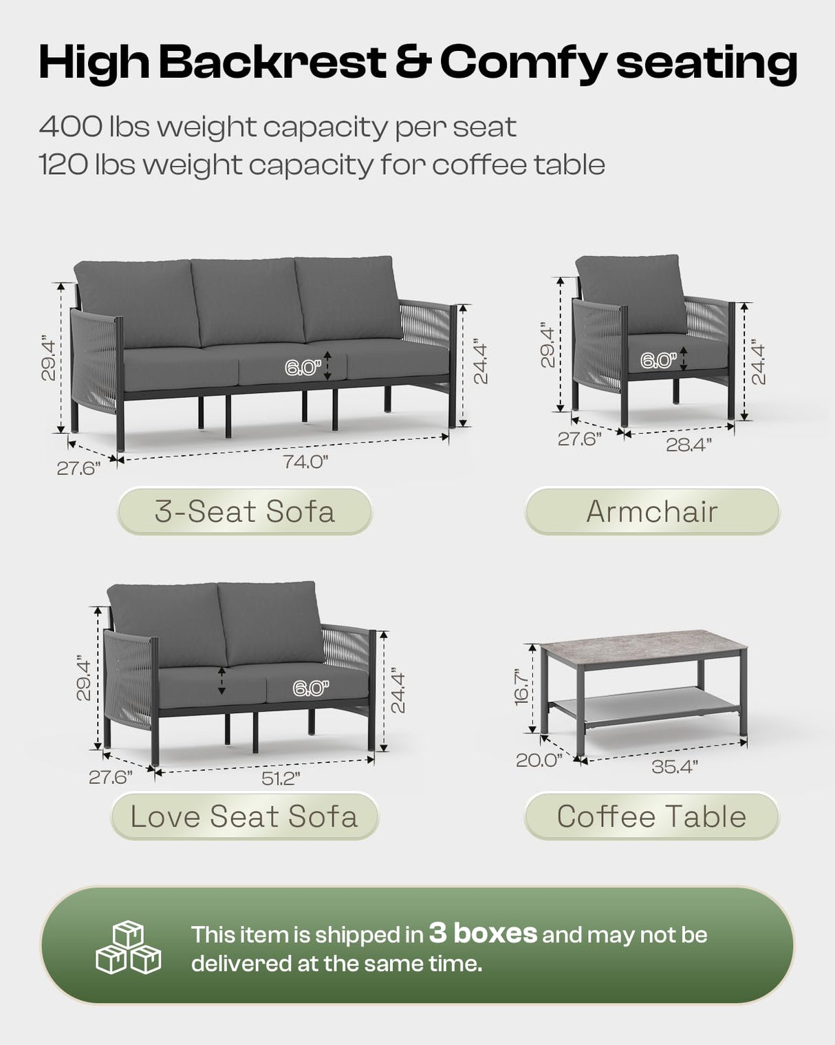 Oasbira Aluminum Outdoor Patio Furniture Set, HDPE Rope 4 Piece Modern Sectional Conversation Sets with Dual-Layer Coffee Table, All Weather Patio Couch Set with Thick Cushions, Gray Frame, Charcoal Oasbira