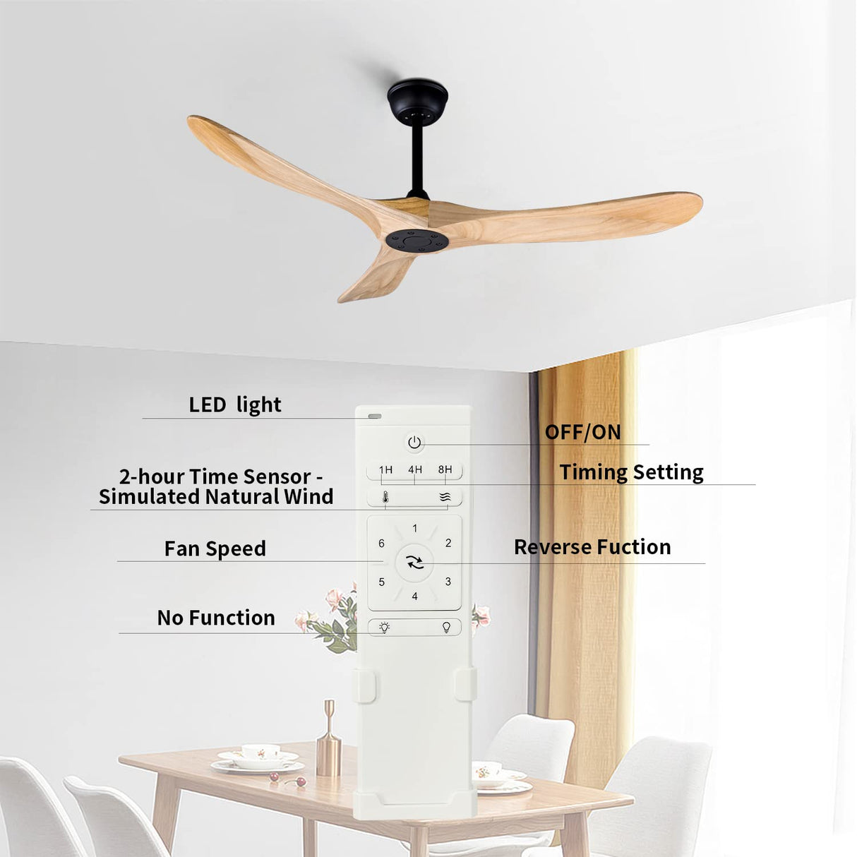 FOBLKS 52" Indoor/Outdoor Wooden Ceiling Fan, 3 Blade DC Ceiling Fan with Remote Control, 2 Downrods, Reversible DC Motor 22W Quiet Energy Saving FOBLKS