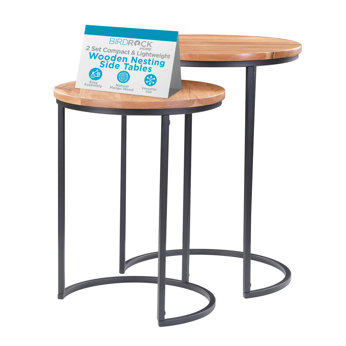 BIRDROCK HOME Wooden Nesting Side Tables - Mid Century Modern Stackable Coffee Table - Space-Saving Wooden End Table for Living Room, Bedroom, Centerpiece, Office, Balcony - Natural Mango Wood - 2 Set BIRDROCK HOME