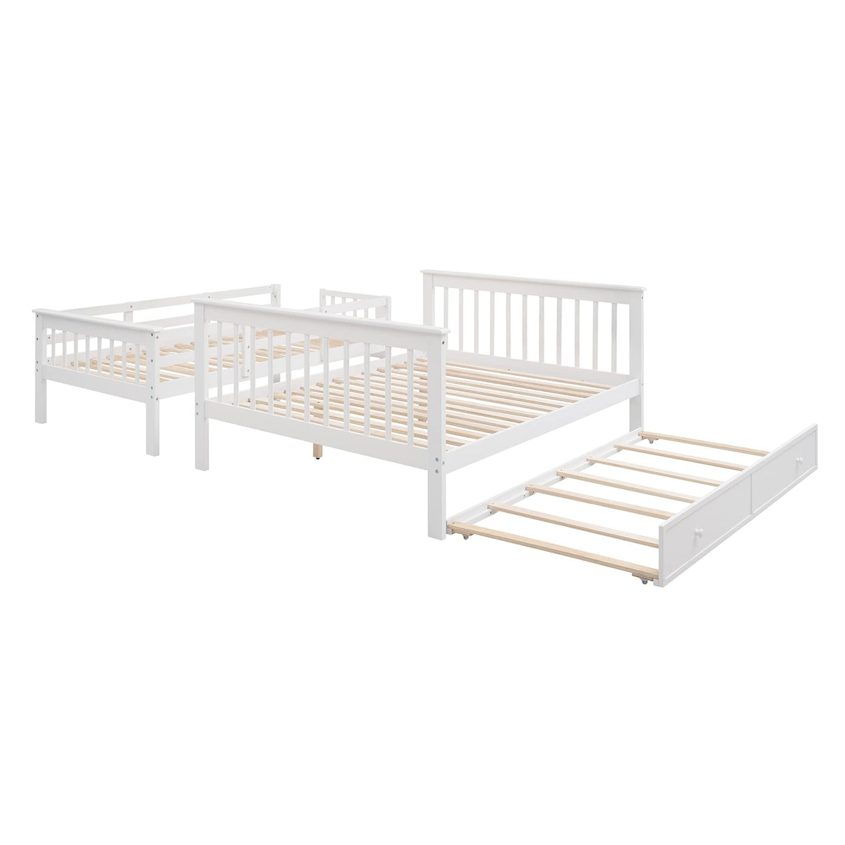 MERITLINE Twin Over Full Bunk Bed with Trundle, Wooden Bunk Bed with Stairway, Storage and Guard Rail for Kids, Adults (White) MERITLINE