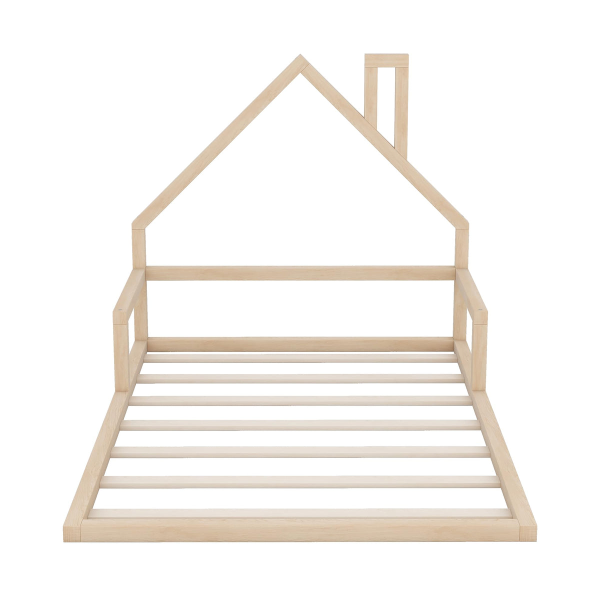 MERITLINE Natural Full Size Montessori Floor Bed with Unique House-Shaped Headboard MERITLINE