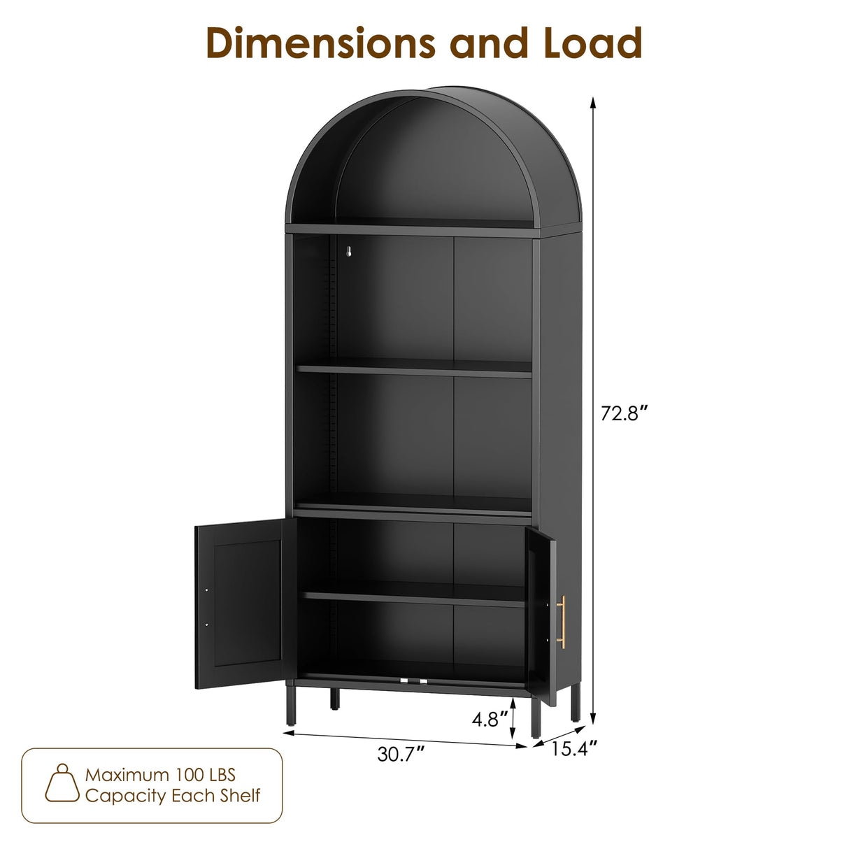 VEXPOR 73 in Tall Metal Arched Cabinet, 5-Tier Arched Bookcase with Doors, Modern Farmhouse Bookshelf with 2 Adjustable Shelves, Kitchen Pantry Cabinet for Living Room, Black, Assembly Required VEXPOR