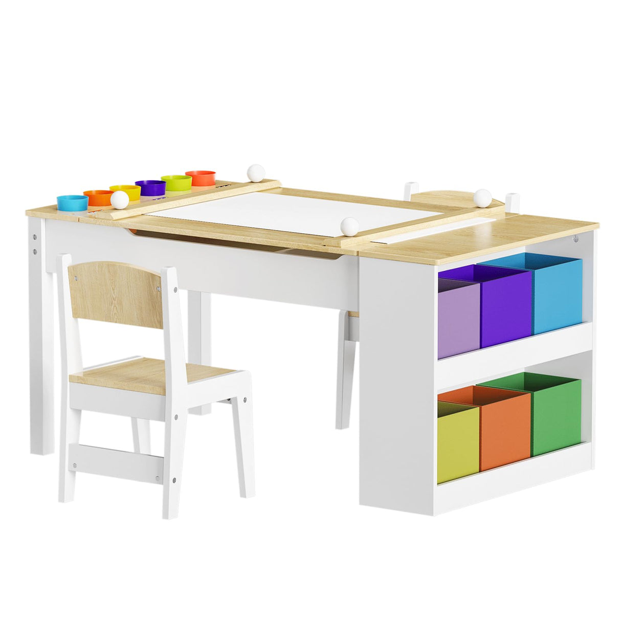 ROOMTEC 2-in-1 Kids Table and Easel Chair Set, Toddler Craft Play Wood Activity Desk with Storage Bins & Paper Roll for Art, Drawing, Reading, Playroom, White, OneSize ROOMTEC