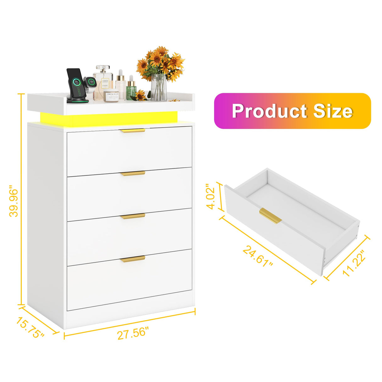 knoworld White Dresser with LED Lights, Wooden LED Dresser, 4 Drawer Chest with Charging Station, Tall Chest of Drawer Closet Organizer for Bedroom, Living Room, Entryway, Hallway knoworld