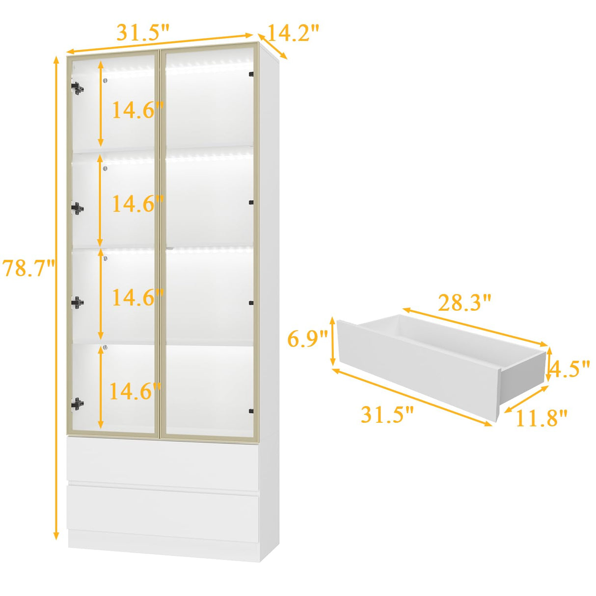 FUNISIR Curio Display Cabinet with Light, Storage Shelves with Pop-up Glass Doors, 2 Drawers & 3 Color Light, Collectibles Cabinet Display Shelf, Bookshelf Showcase for Living Room, White w/Drawer FUNISIR