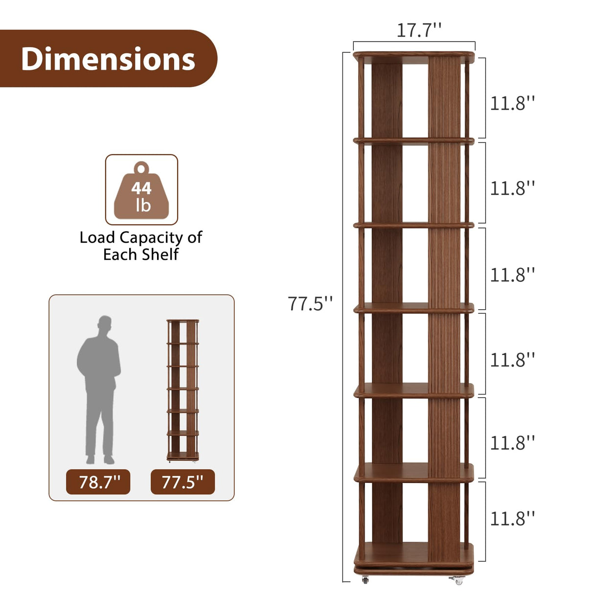 DONGMUWUJEE Solid Wood Rotating Bookshelf, 6-Tier Rolling Book Shelf,360 Degree Revolving Bookcase,Spinning Bookshelf Tower for Small Spaces, Corner, Bedroom,Office,Living Room,Classroom (Walnut) DONGMUWUJEE