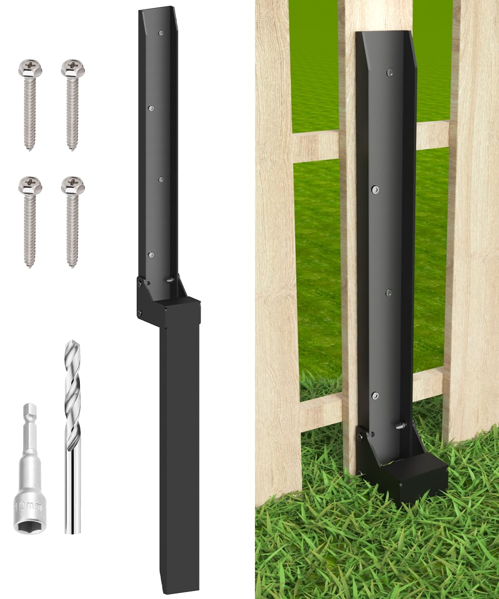 Mokeyder Fence Post Anchor Kit, Heavy Duty Metal Steel Fence Post Repair Kit, Fence Post Anchor Stakes Ground Spike for Repairing Tilted/Broken Wood Fence Post, Metal-Plate Style, 1 Pack Mokeyder
