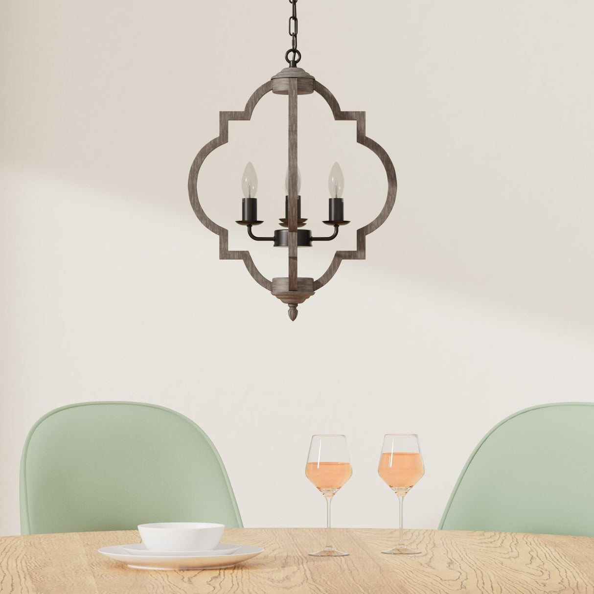 16.14" 4-Light Farmhouse Wood Chandelier, Rustic Orb Pendant Lighting Fixture with Adjustable Chain, Vintage Ceiling Hanging Lights for Foyer Entryway Dining Room Kitchen Island, Handmade Oak Finish Neechicx