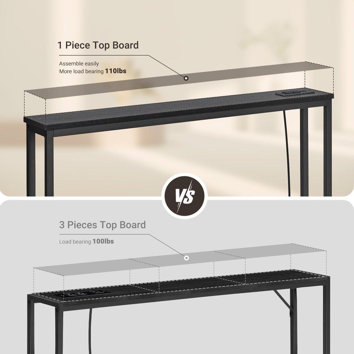 ELYKEN 5.9" Narrow Console Sofa Table with Power Outlets, 5.9" Dx39.4 Wx31.1 H Long Black Behind Couch Table with Metal Frame and Charge Station with 6.5’ Extension Cord ELYKEN