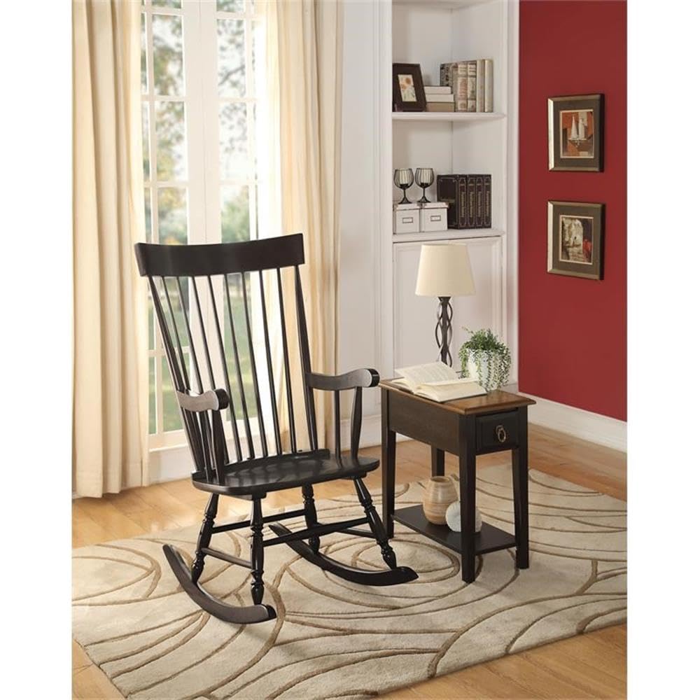 Acme Arlo Wooden Rocking Chair with Spindle Back and Recessed Armrest in Black Acme