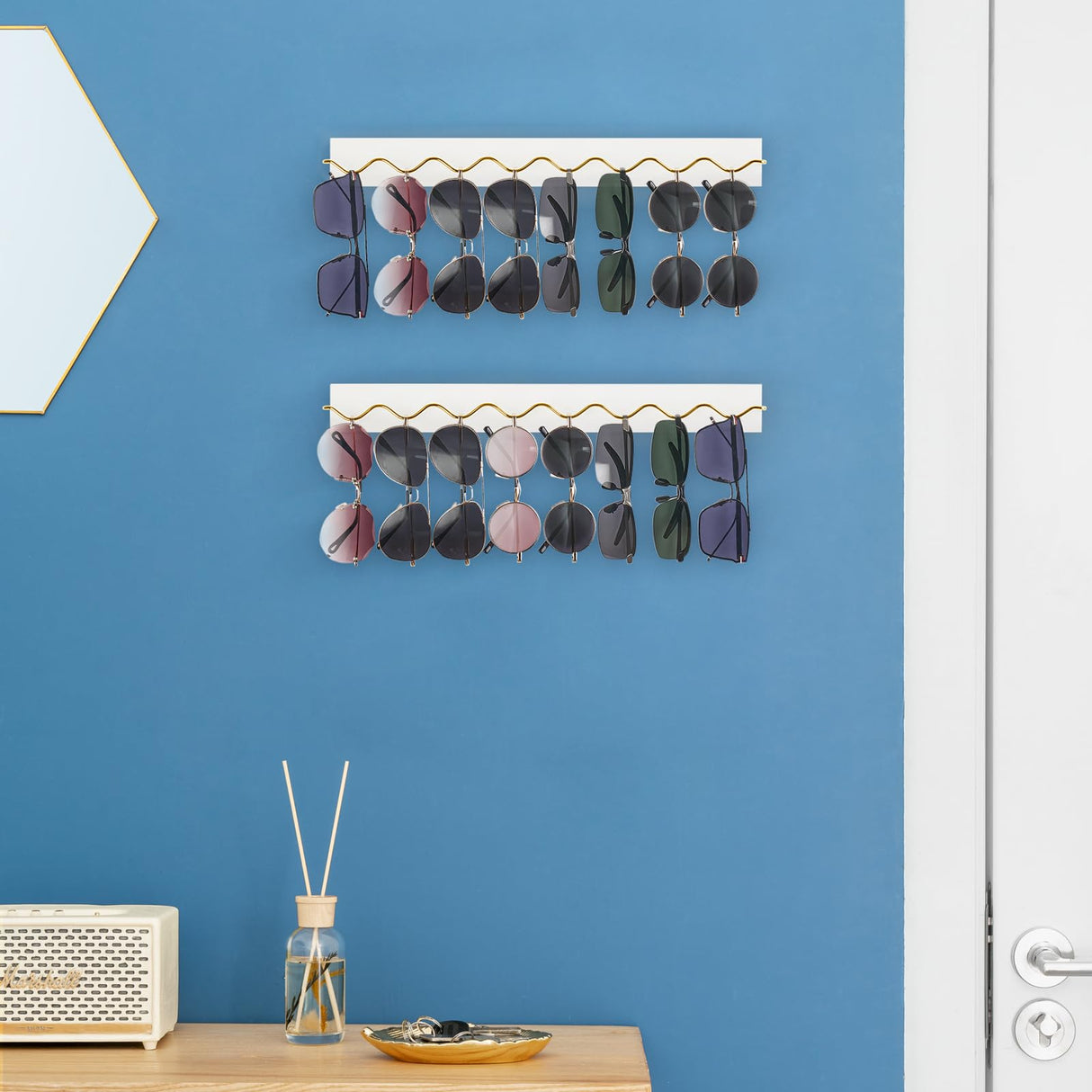 Mkono 2 Pack Wall Mounted Sunglasses Organizer Wood Sunglass Holder for Wall Modern Eyeglass Storage Hanging Eyewear Display Jewelry Rack for Entryway Living Room Bedroom, White Mkono