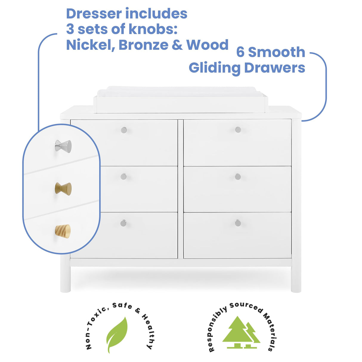 Delta Children Brooks 6 Drawer Dresser with Interlocking Drawers (Includes 3 Sets of Knobs – Choose from Natural, Brushed Nickel & Melted Bronze), Bianca White Delta Children