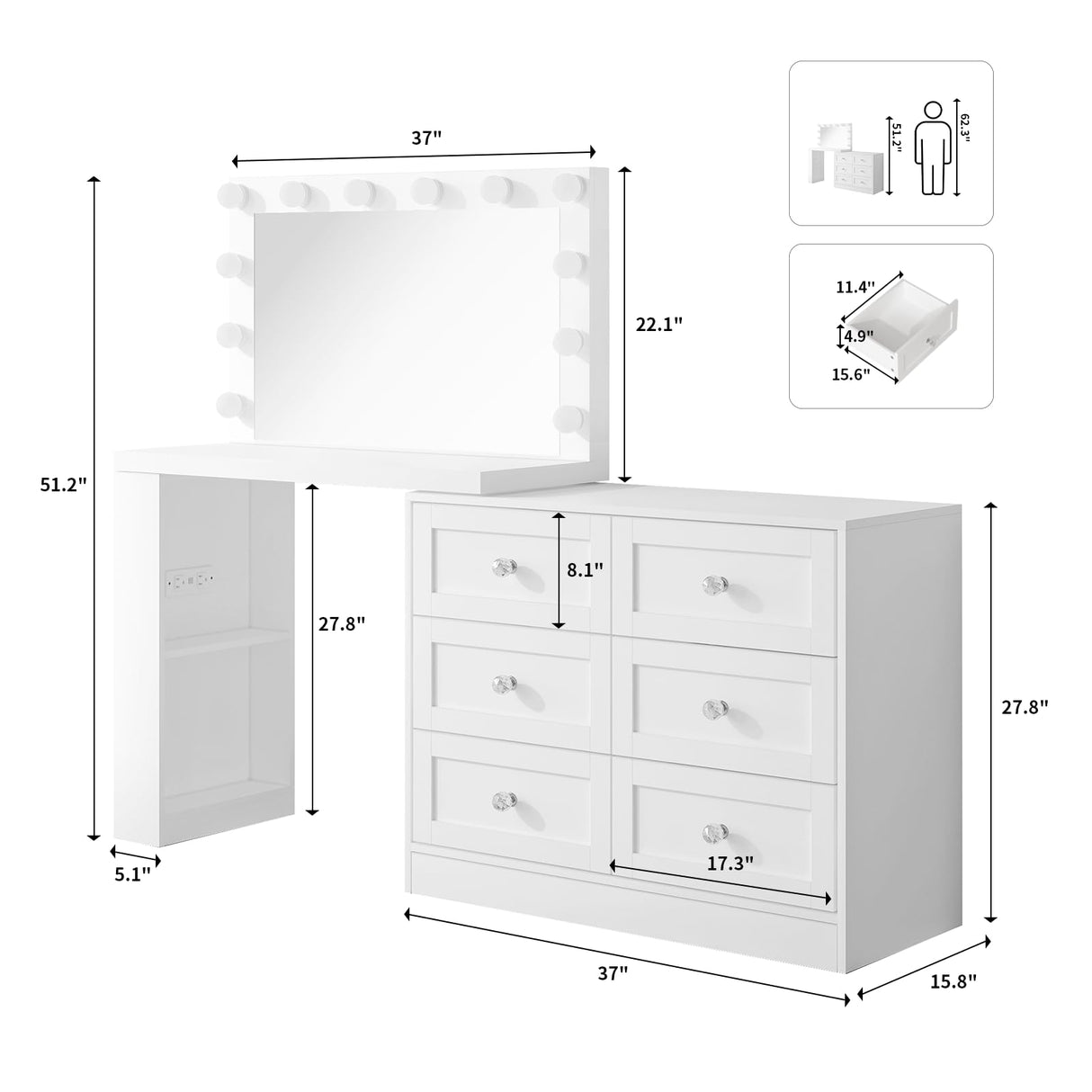 VOWNER Vanity Desk and Dresser Combo, Extendable Makeup Vainty with with Lighted Mirror & Power Outlet, Wood Corner Vanity with 6 Drawer Dresser, Makeup Table for Women, Bedroom Dressing Table(White) VOWNER